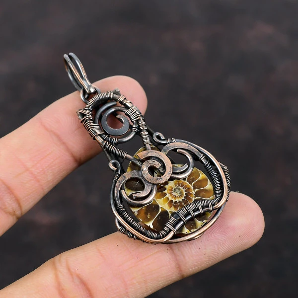 Ammonite Fossil Pear Brown Handmade Copper Wire Wrapped Pendant