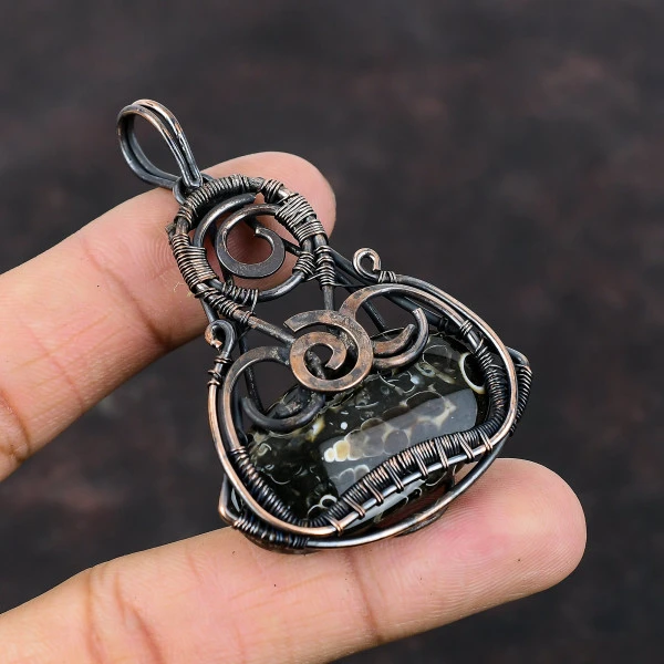 Turritella Agate Oval Brown Handmade Copper Wire Wrapped Pendant