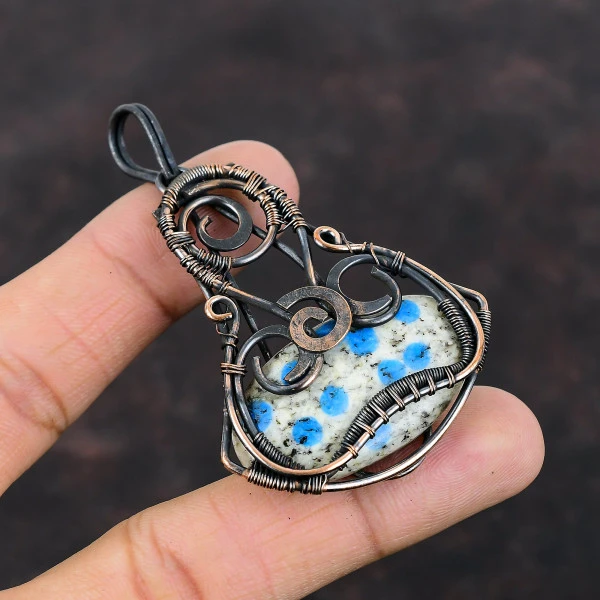 K2 Jasper Oval White Handmade Copper Wire Wrapped Pendant