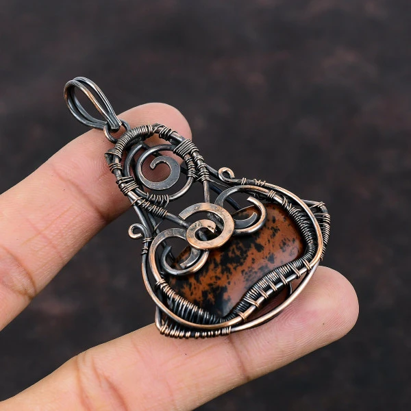 Mahogany Obsidian Oval Brown Handmade Copper Wire Wrapped Pendant
