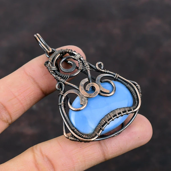 Owyhee Blue Opal Oval Blue Handmade Copper Wire Wrapped Pendant