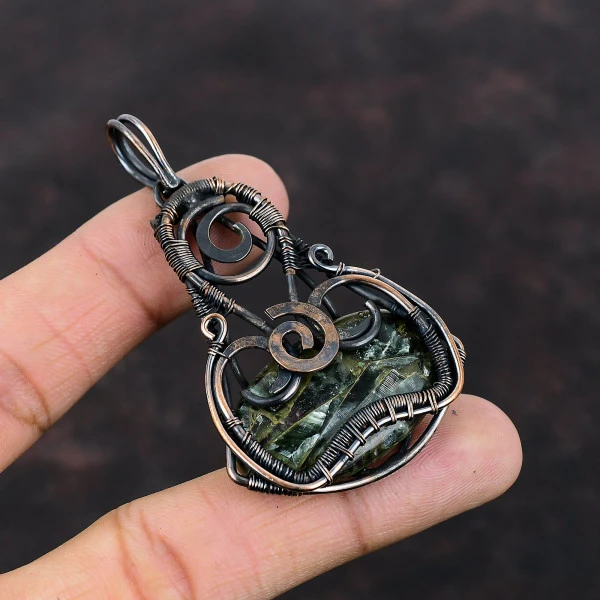 Copper Seraphinite Oval Green Handmade Copper Wire Wrapped Pendant