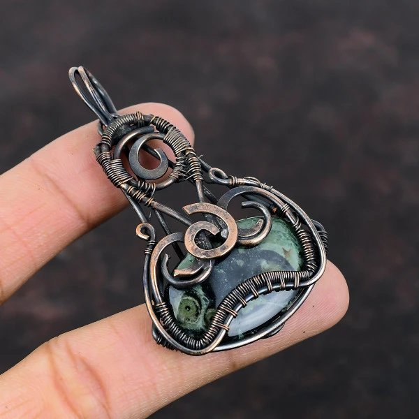 Kambaba Jasper Oval Green Handmade Copper Wire Wrapped Pendant