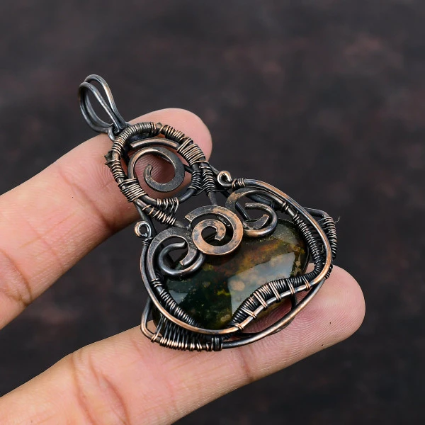 Bloodstone Oval Green Handmade Copper Wire Wrapped Pendant