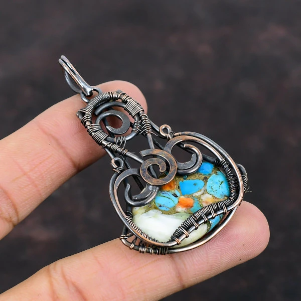 Spiny Oyster Copper Turquoise Oval Blue Handmade Copper Wire Wrapped Pendant