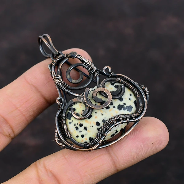Dalmatian Jasper Oval Black Handmade Copper Wire Wrapped Pendant