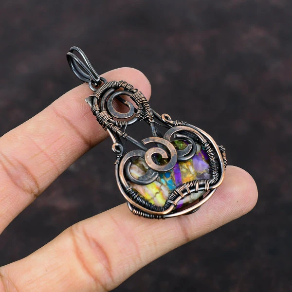 Multi Copper Turquoise Oval Yellow Handmade Copper Wire Wrapped Pendant