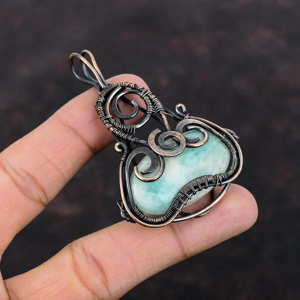 Amazonite Oval Green Handmade Copper Wire Wrapped Pendant
