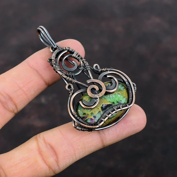 Copper Ruby Zoisite Oval Green Handmade Copper Wire Wrapped Pendant