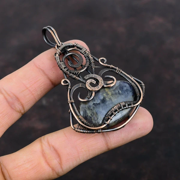 Iolite Sunstone Oval Blue Handmade Copper Wire Wrapped Pendant