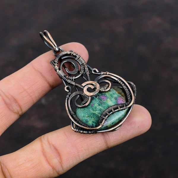 Ruby Fuchsite Oval Green Handmade Copper Wire Wrapped Pendant