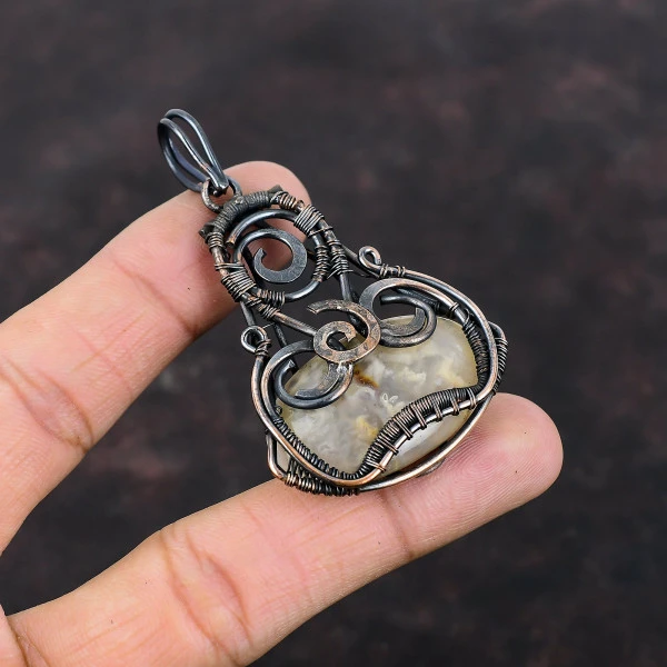 Plume Agate Oval Yellow Handmade Copper Wire Wrapped Pendant