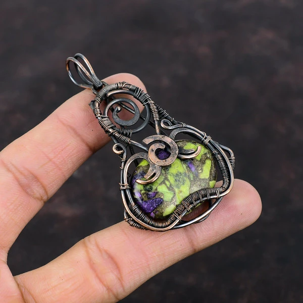Copper Stichtite Oval Green Handmade Copper Wire Wrapped Pendant