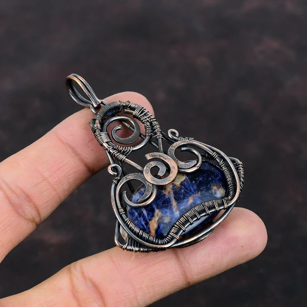 Sodalite Oval Blue Handmade Copper Wire Wrapped Pendant
