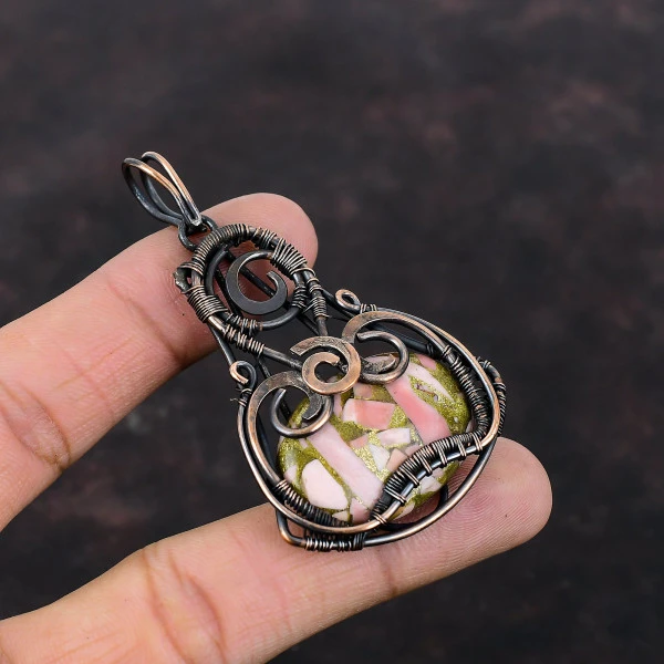 Copper Pink Opal Oval Pink Handmade Copper Wire Wrapped Pendant