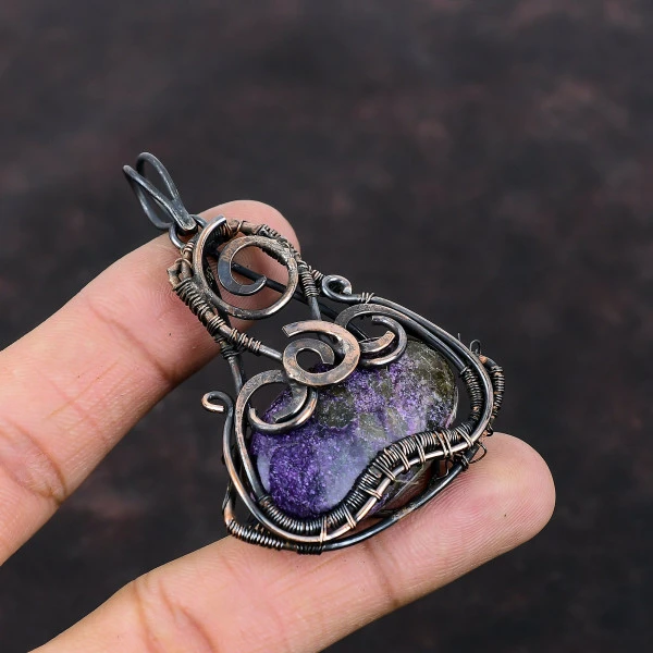 Purpurite Oval Purple Handmade Copper Wire Wrapped Pendant