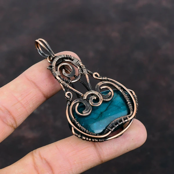 Neon Flash Labradorite Oval Blue Handmade Copper Wire Wrapped Pendant