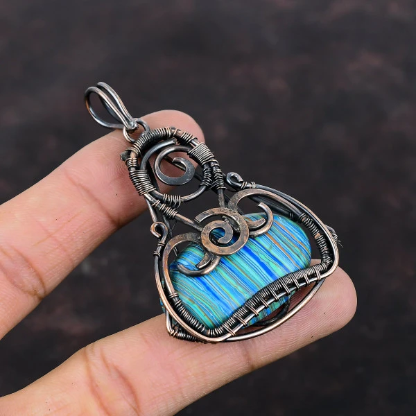 Rainbow Calsilica Oval Blue Handmade Copper Wire Wrapped Pendant