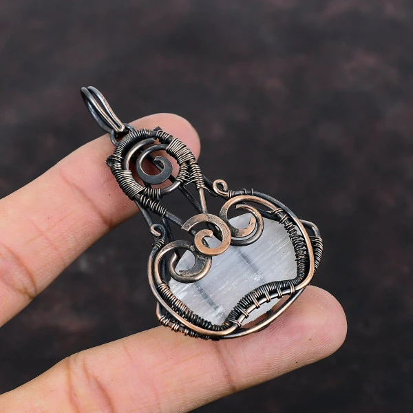 Selenite Druzy Oval White Handmade Copper Wire Wrapped Pendant