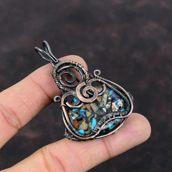 Copper Multi Turquoise Oval Blue Handmade Copper Wire Wrapped Pendant