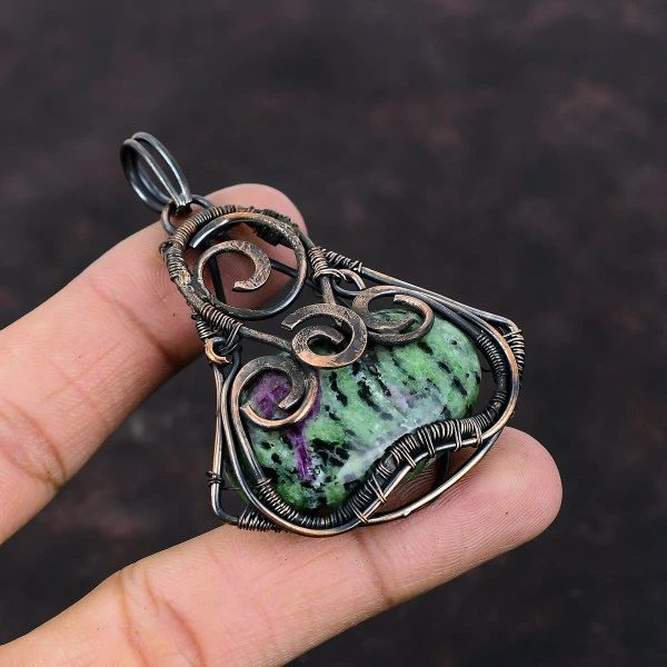 Ruby Zoisite Oval Green Handmade Copper Wire Wrapped Pendant
