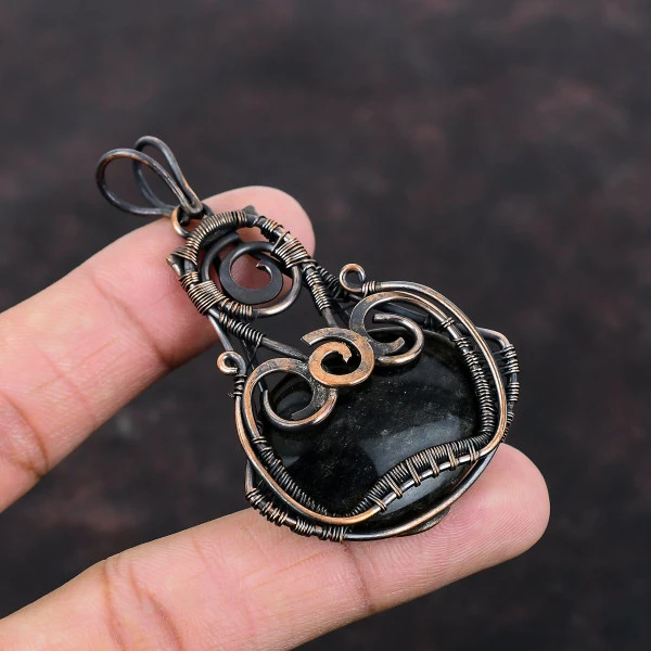 Silver Sheen Obsidian Oval Black Handmade Copper Wire Wrapped Pendant