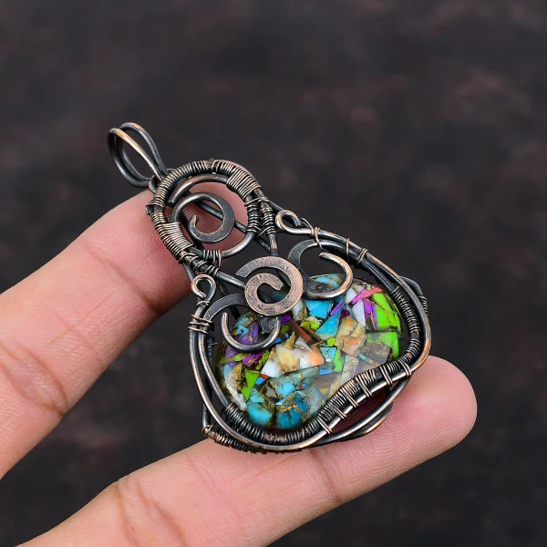 Fiesta Kingman Turquoise Oval Green Handmade Copper Wire Wrapped Pendant