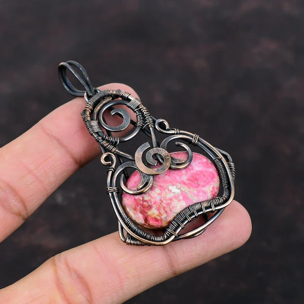 Thulite Oval Pink Handmade Copper Wire Wrapped Pendant