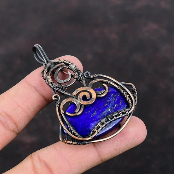 Lapis Lazuli Oval Blue Handmade Copper Wire Wrapped Pendant