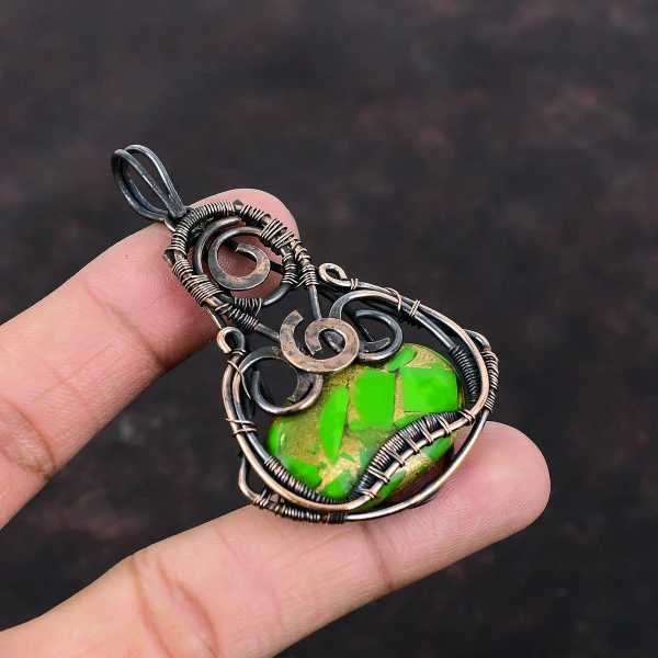 Copper Green Turquoise Oval Green Handmade Copper Wire Wrapped Pendant