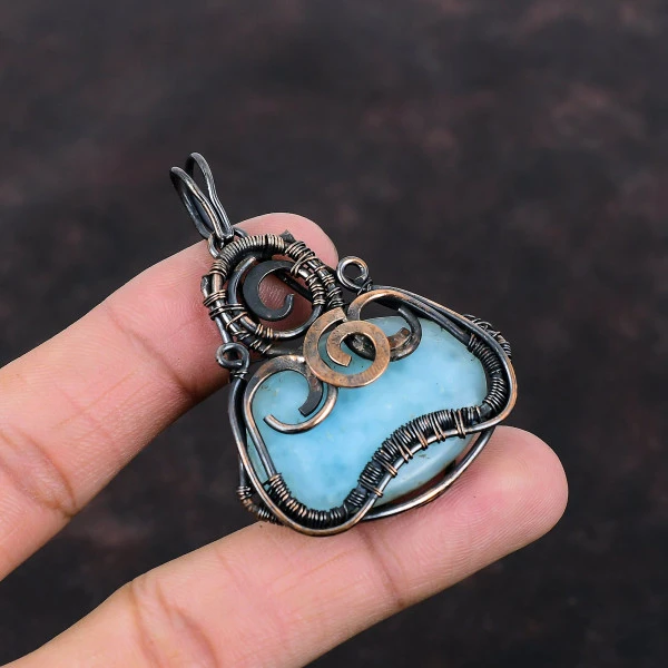 Hemimorphite Oval Blue Handmade Copper Wire Wrapped Pendant
