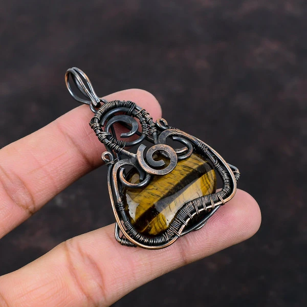 Tiger's Eye Oval Brown Handmade Copper Wire Wrapped Pendant