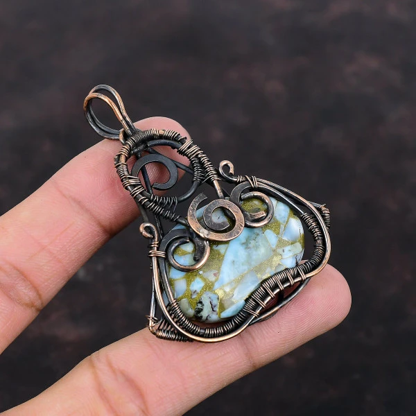 Copper Larimar Oval Blue Handmade Copper Wire Wrapped Pendant