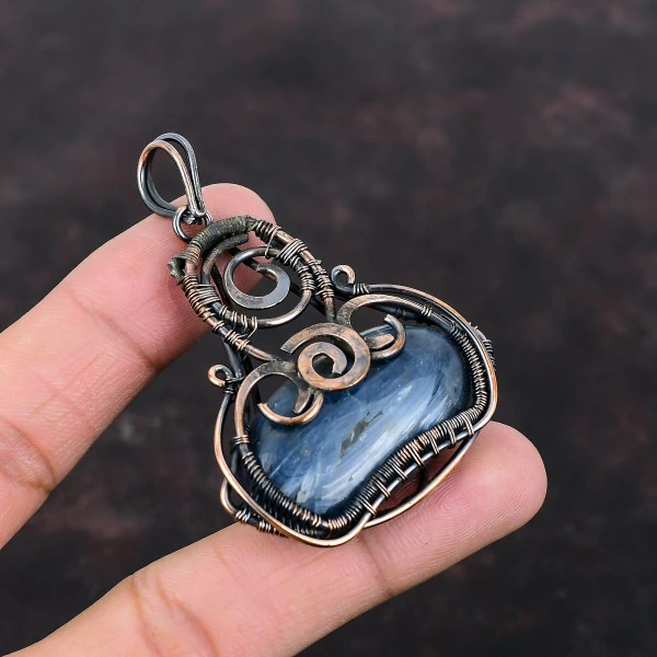 Kyanite Oval Blue Handmade Copper Wire Wrapped Pendant