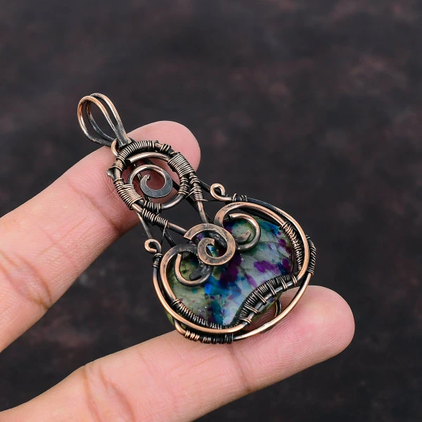 Multi Fire Labradorite Oval Pink Handmade Copper Wire Wrapped Pendant