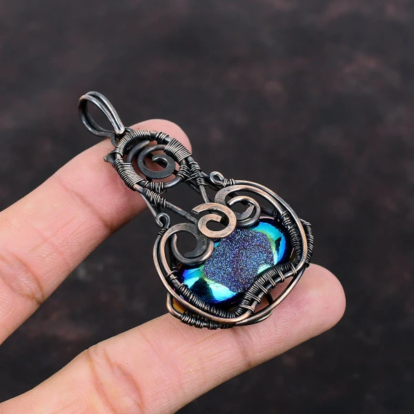 Titanium Druzy Oval Blue Handmade Copper Wire Wrapped Pendant
