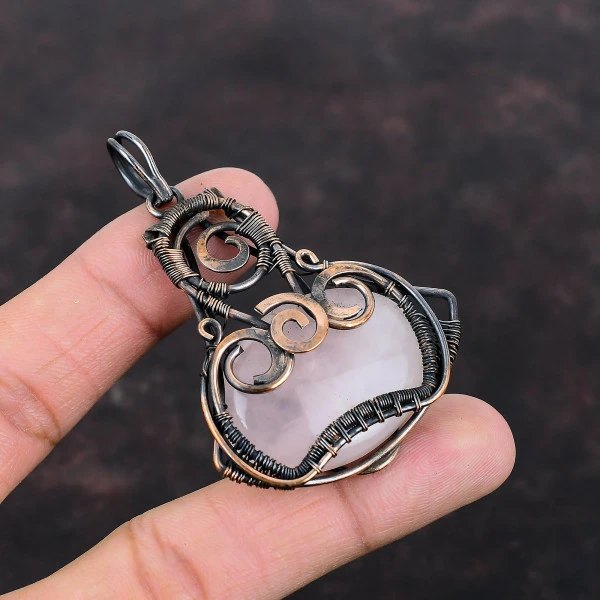 Rose Quartz Oval Pink Handmade Copper Wire Wrapped Pendant