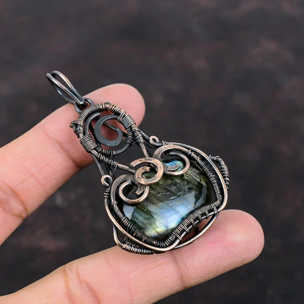 Labradorite Oval Gray Handmade Copper Wire Wrapped Pendant