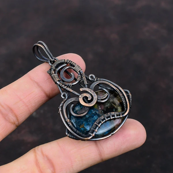 Watermelon Tourmaline Oval Blue Handmade Copper Wire Wrapped Pendant