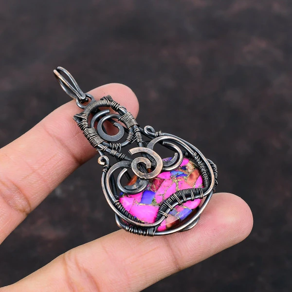 Natural Kingman Pink Dahlia Turquoise Oval Pink Handmade Copper Wire Wrapped Pendant