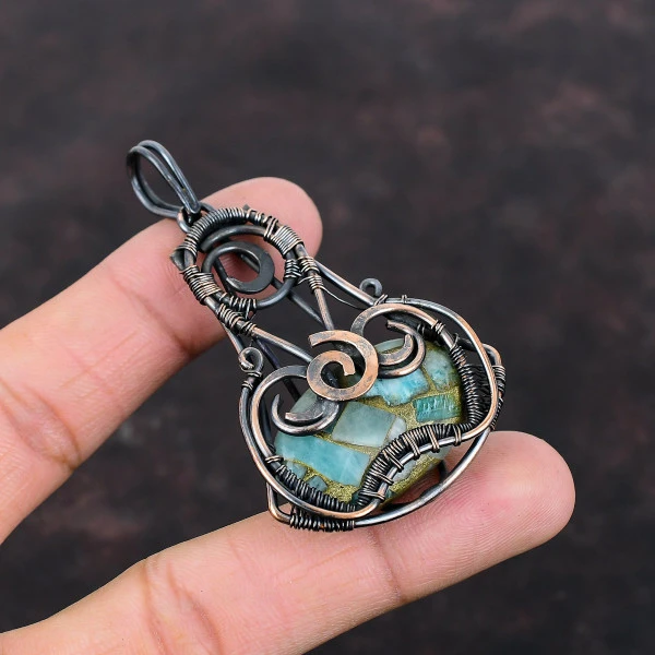 Copper Amazonite Oval Green Handmade Copper Wire Wrapped Pendant