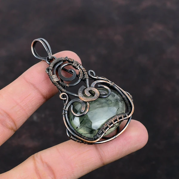 Moss Prehnite Oval Green Handmade Copper Wire Wrapped Pendant