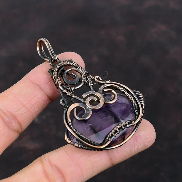Star Amethyst Oval Purple Handmade Copper Wire Wrapped Pendant