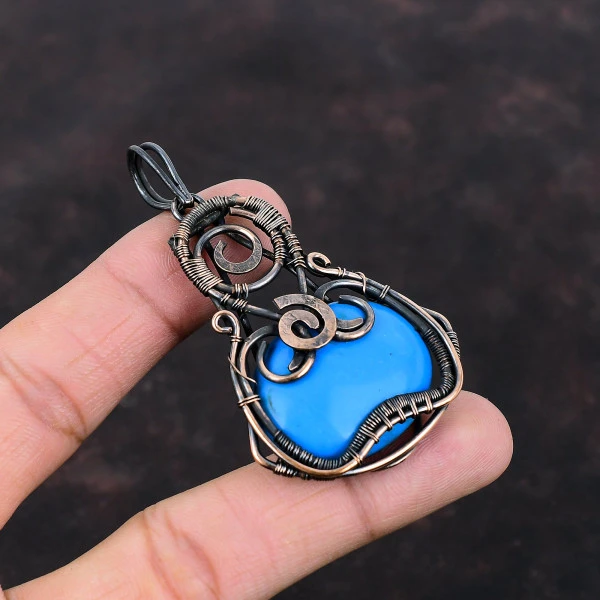 Sleeping Beauty Turquoise Oval Blue Handmade Copper Wire Wrapped Pendant