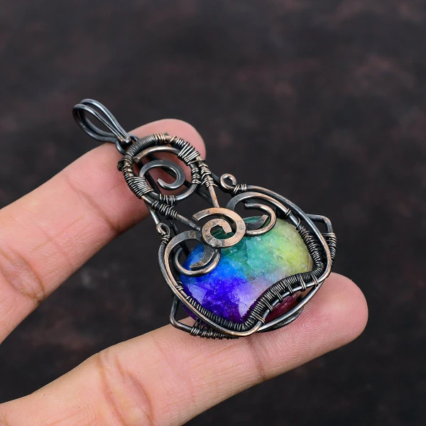 Rainbow Solar Quartz Druzy Oval Blue Handmade Copper Wire Wrapped Pendant