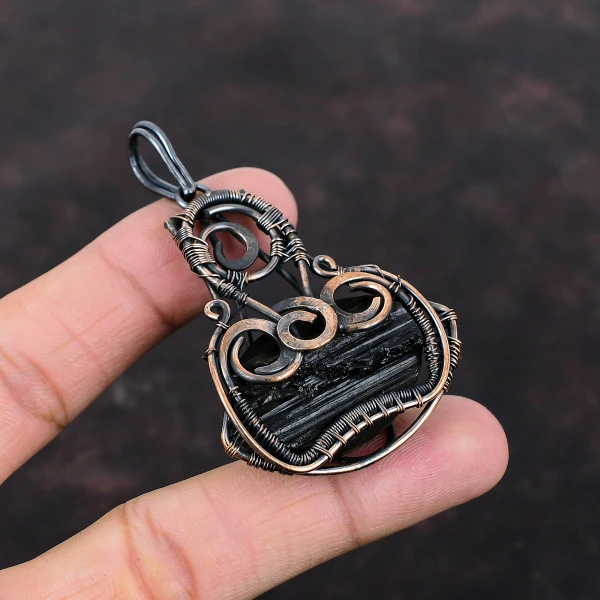 Black Tourmaline Rough Oval Black Handmade Copper Wire Wrapped Pendant