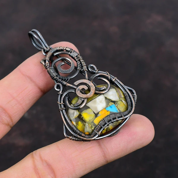 Copper Bumble Bee Jasper Oval Yellow Handmade Copper Wire Wrapped Pendant
