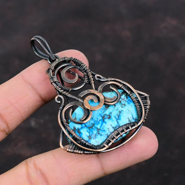 Tibetan Turquoise Oval Blue Handmade Copper Wire Wrapped Pendant