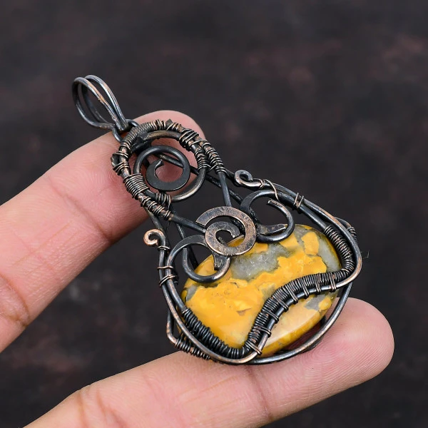 Maligano Jasper Oval Yellow Handmade Copper Wire Wrapped Pendant