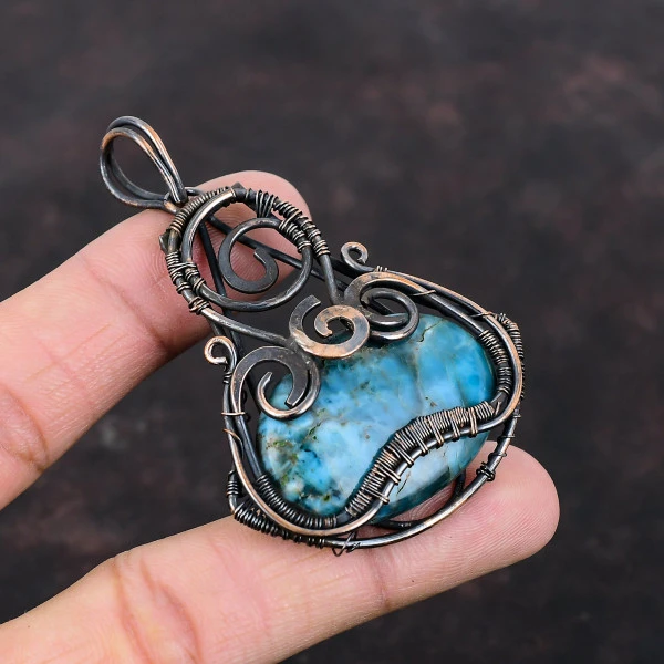 Neon Apatite Oval Blue Handmade Copper Wire Wrapped Pendant